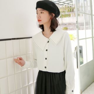 Pebbledawn - Long-Sleeve Wide-Collar Button-Up Blouse