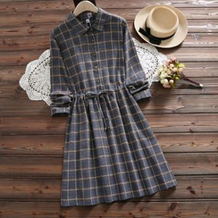 Clover Dream - Plaid Drawstring Waist A-Line Shirtdress Clover Dream - Plaid Drawstring Waist A-Line Shirtdress