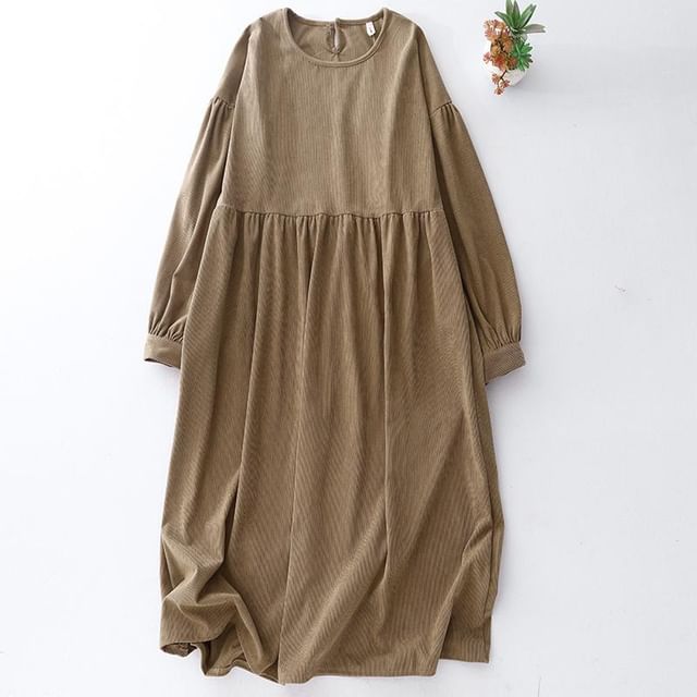 ZIMO - Long-Sleeve Round Neck Plain Corduroy Midi A-Line Dress | YesStyle