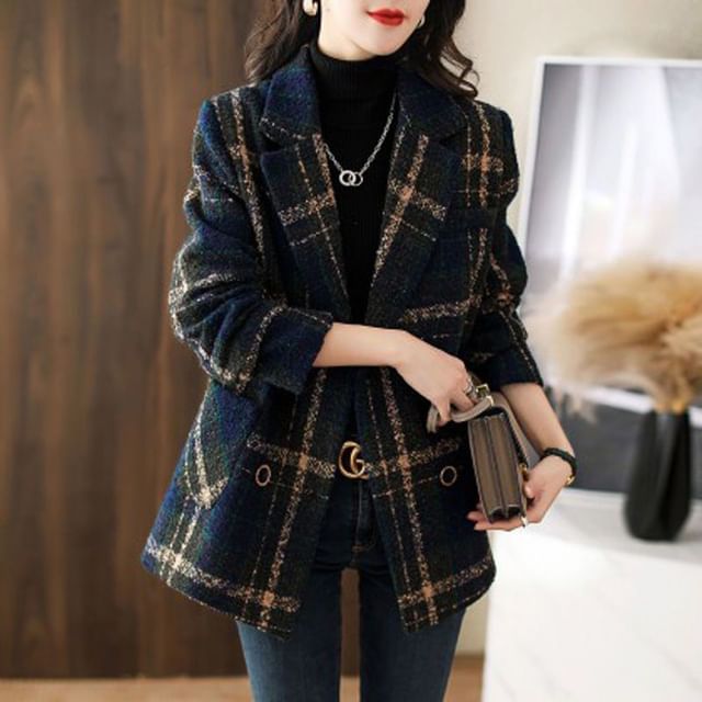 Inchioh-Lapel Collar Plaid Double-Breasted Jacket