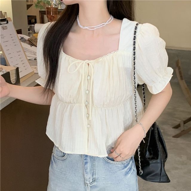 Malrowe - Puff-Sleeve Square Neck Plain Lace Trim Blouse