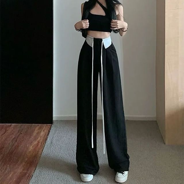 Dovitade-High Rise Panel Wide Leg Suit Pants
