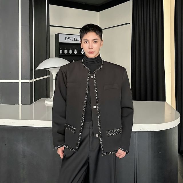 ravewider-Round Neck Contrast Trim Button Jacket