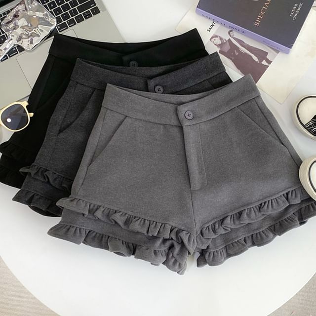 Iasia-High Waist Plain Ruffle Trim Shorts