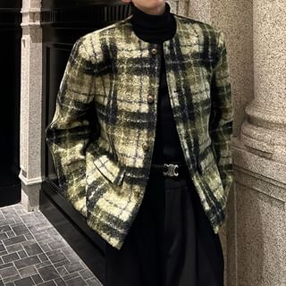 VEAZ-U-Neck Plaid Button-Up Jacket