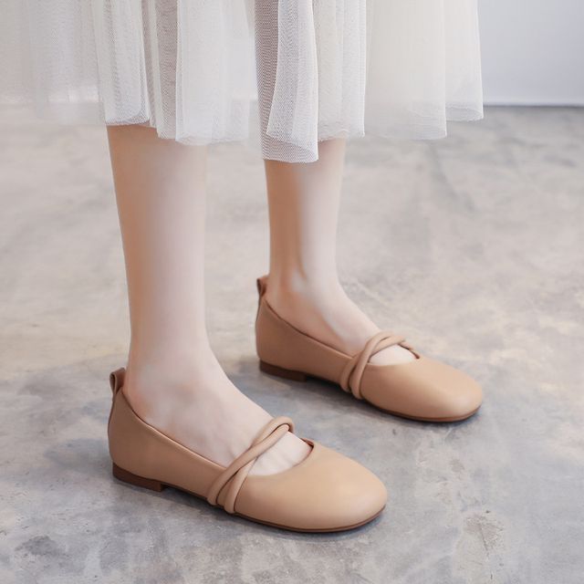 Anran-Genuine Leather Twisted Strap Flats