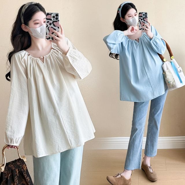 NEUF-Maternity Long-Sleeve Round Neck Plain Cutout Blouse