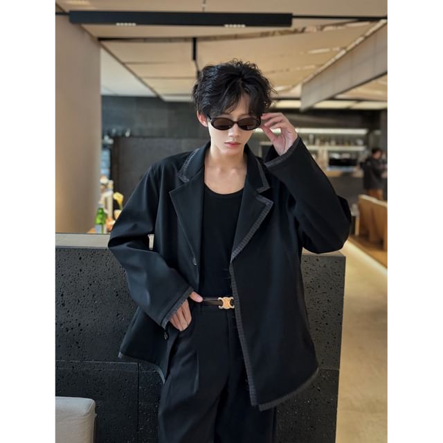 Orungeetun-Lapel Collar Plain Contrast Trim Single-Breasted Blazer