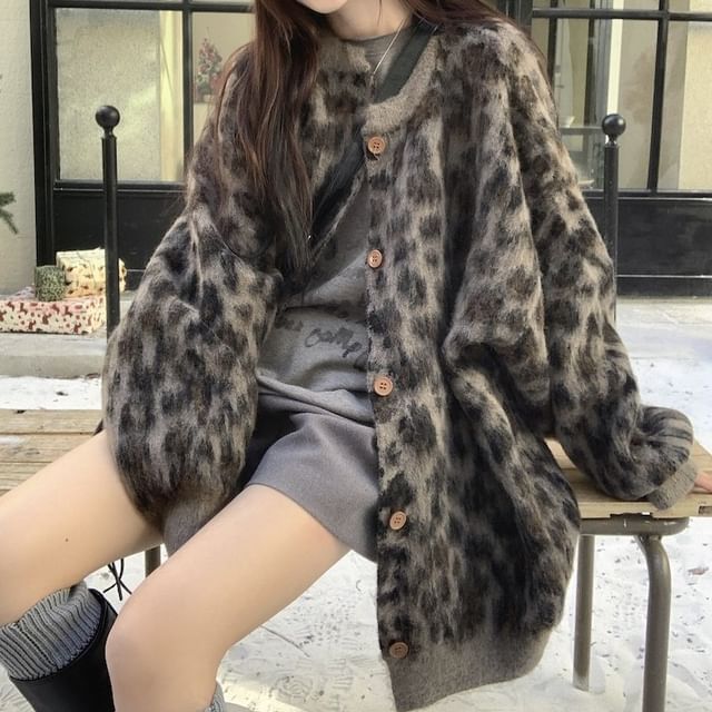 Cloud Nine-Crew Neck Leopard Print Button-Up Oversized Cardigan