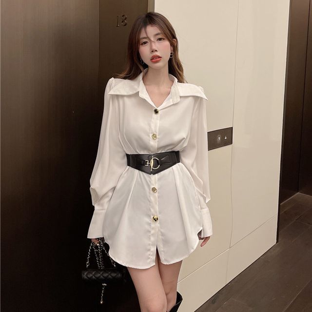 Gelbes - Set: Long-Sleeve Plain Mini Shirt Dress + Corset Belt | YesStyle