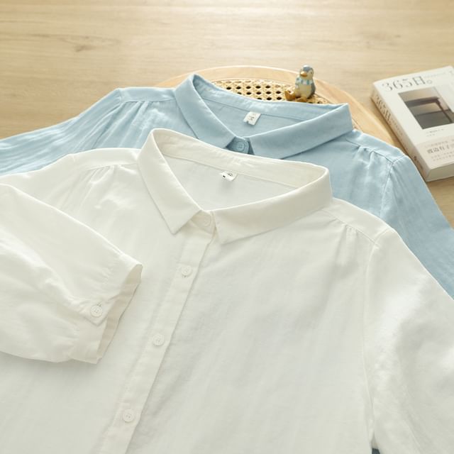 PANDAGO-Elbow-Sleeve Button-Up Plain Shirt