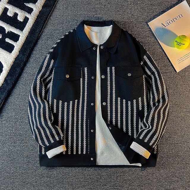 Plummie-Lapel Collared Button Down Striped Panel Jacket