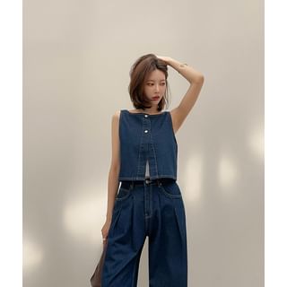 DABAGIRL Denim Set: Snap-Button Vest + Wide-Leg Pants Sale