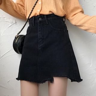 Sisyphi-High Rise Denim Mini A-Line Skirt