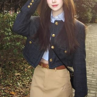 Shinsei-Round Neck Plaid Tweed Button Jacket Collared Striped Button Shirt High Waist Plain Midi A-Line Skirt Set