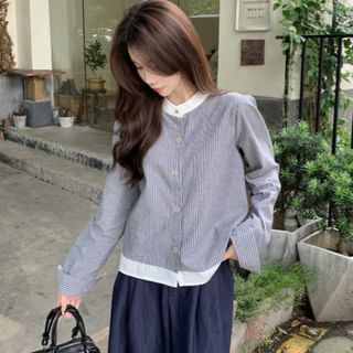 ANORA-Stand Collar Striped Button-Up Jacket