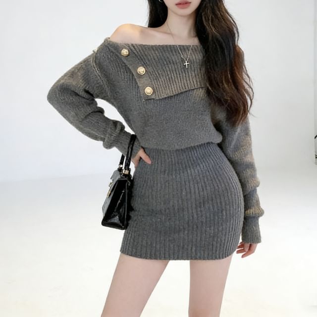 Odestra-Long Sleeve Off Shoulder Plain Button Mini Sheath Sweater Dress