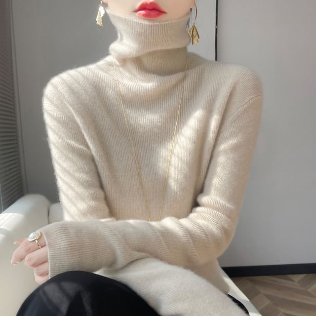 Weelop-Turtleneck Long Sleeve Plain Ribbed Knit Sweater