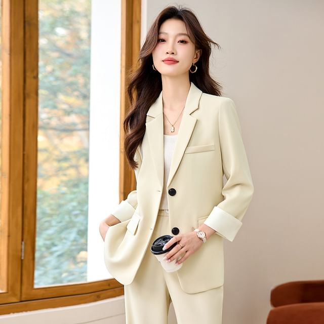 Skyheart-Lapel Collar Plain Single Breasted Blazer Mid Rise Plain Bootcut Slacks Set