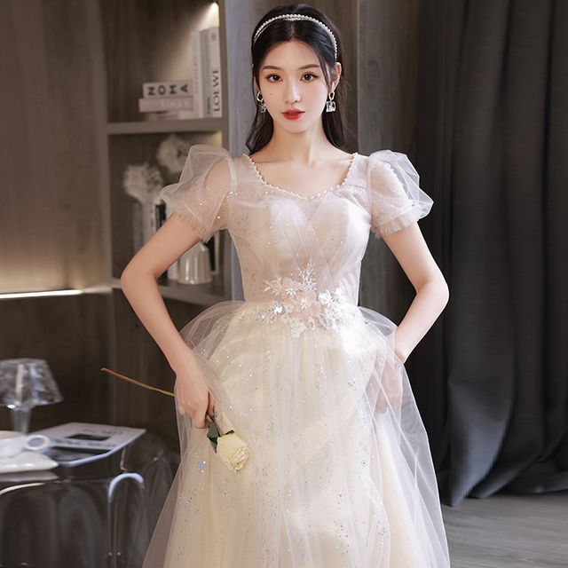 Saunderoll - Short-Sleeve Sweetheart-Neckline Faux Pearl Trim A-Line  Wedding Gown | YesStyle