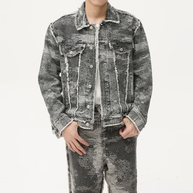 FAERIS-Collared Tie Dye Washed Frayed Button-Up Denim Jacket Mid Rise Loose Fit Jeans