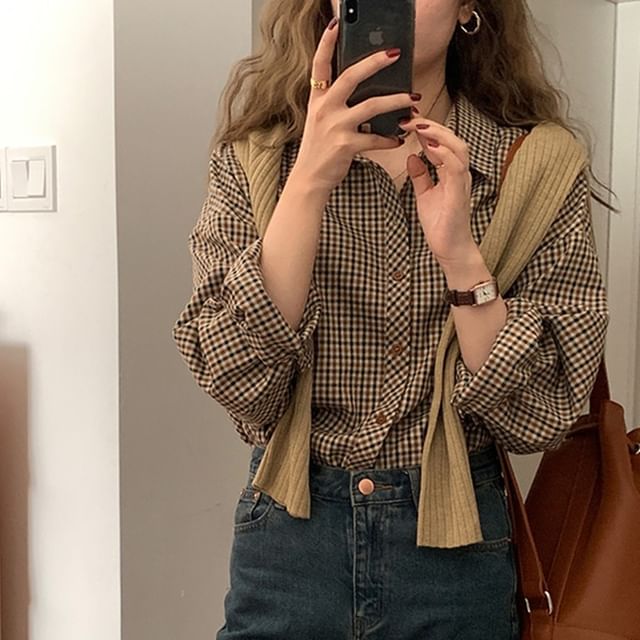 Happo-Long Sleeve Collar Plaid Button Up Shirt