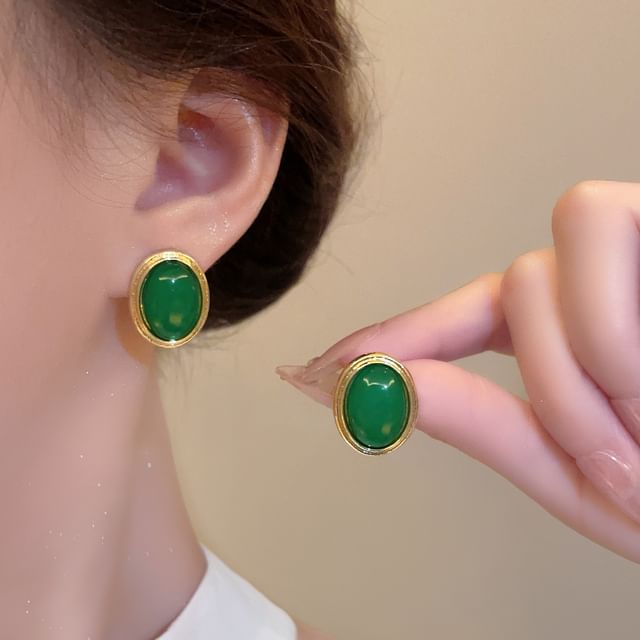Rodiv-Vintage Gold Green Stone Earrings