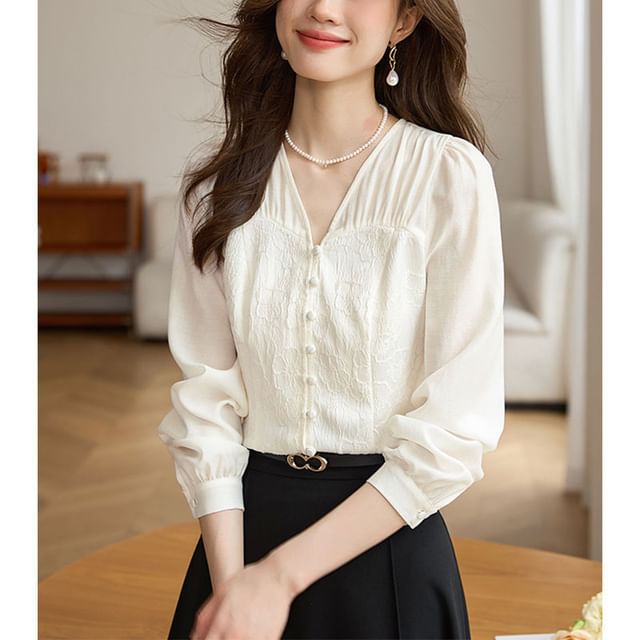 Jeonseon-Long Sleeve V-Neck Plain Panel Blouse