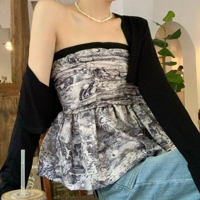 monroll Printed Flowy Tube Top / Plain Shrug YesStyle