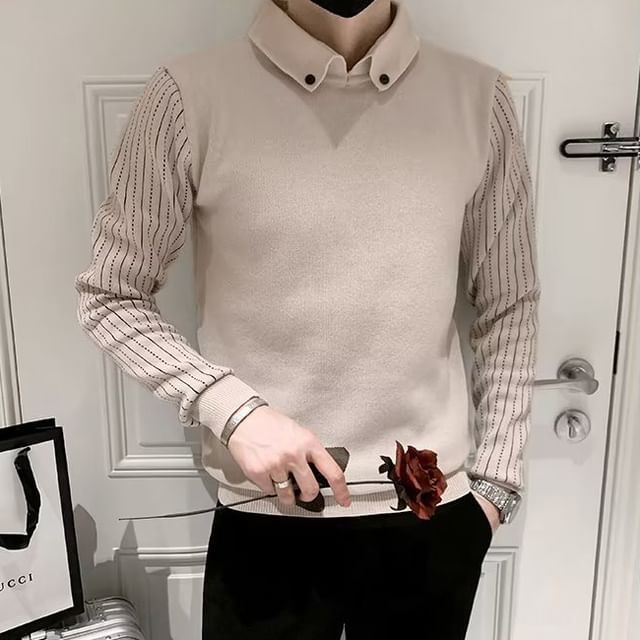 Phoneus-Mock Two-Piece Collared Striped Sweater Vest