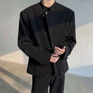 Freehop-Stand Collar Asymmetrical Button-Up Plain Blazer