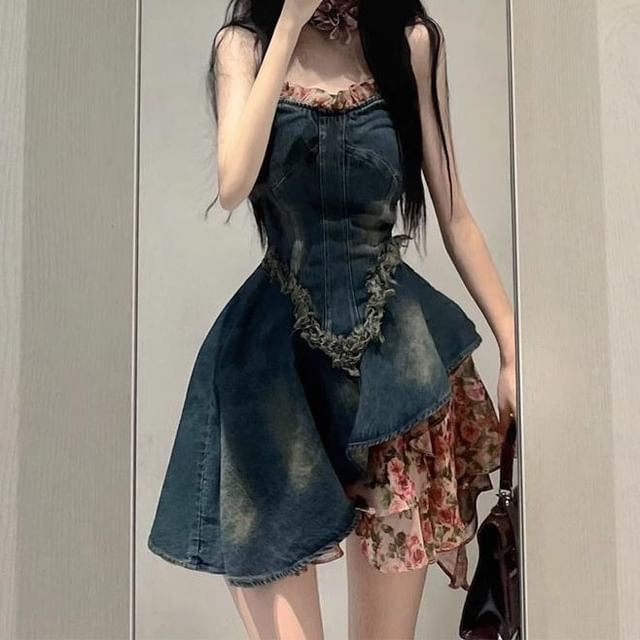 Petit Lace Set: Strapless Tassel Trim Asymmetrical Mini A-Line