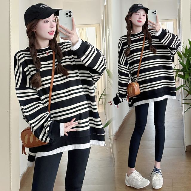NEUF-Maternity Round Neck Striped Oversized Sweatshirt