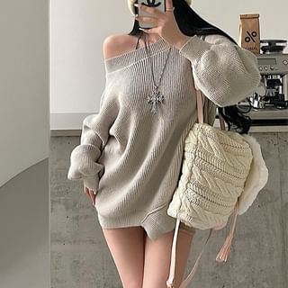 RainGirl-Puff-Sleeve One-Shoulder Plain Asymmetrical Ribbed Sweater