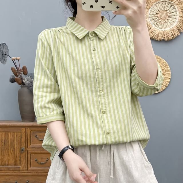 PANDAGO-Elbow-Sleeve Collared Striped Button Up Shirt