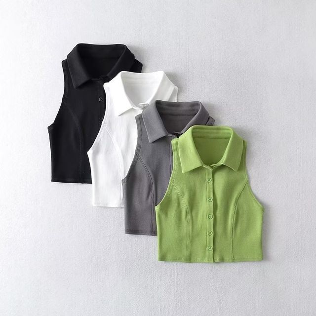 Florentine-Collar Plain Crop Button-Up Tank Top