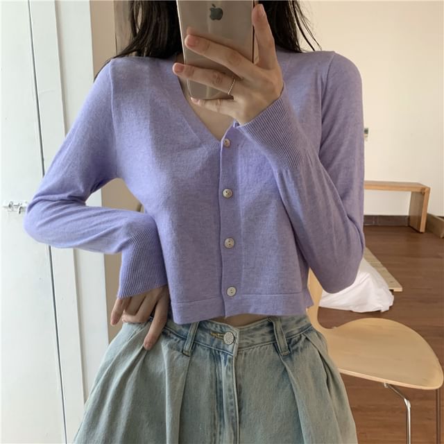 Shinsei-V-Neck Plain Crop Button-Up Cardigan