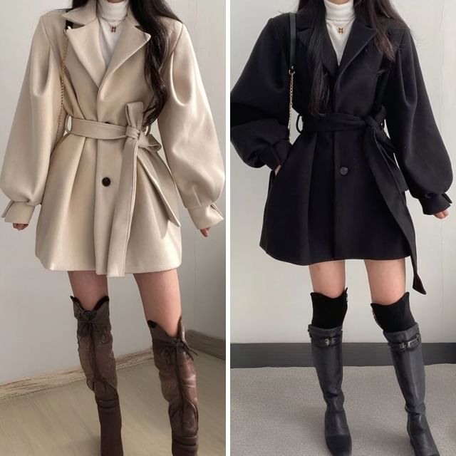 Supernova-Plain Tie Waist Long Single-Breasted Coat