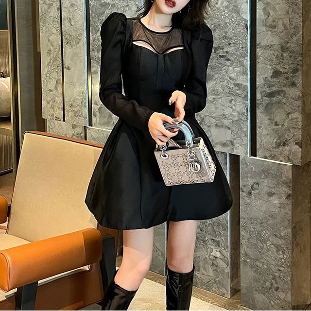 ZYHT - Long-Sleeve Crew Neck Plain Cut Out Sheer Panel Mini A-Line Dress |  YesStyle