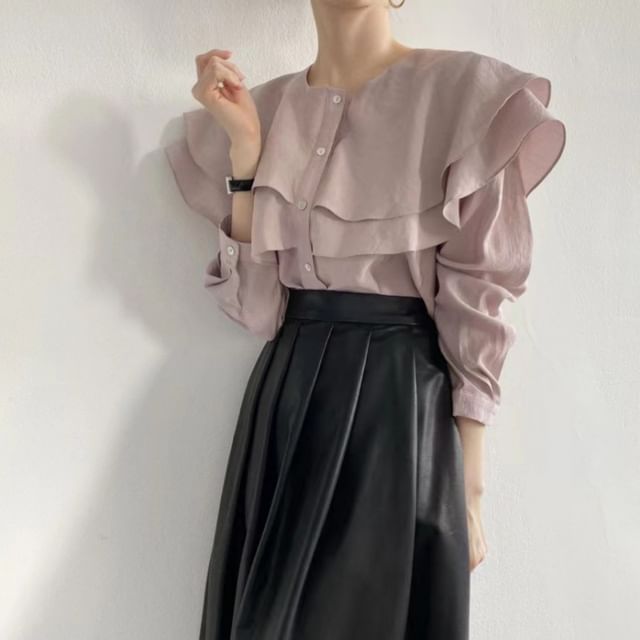 Jesong-Long-Sleeve Plain Ruffle Blouse