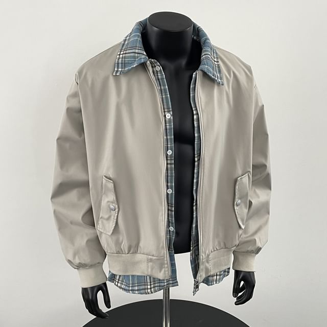 Mimiyox-Mock Two-Piece Plaid Collar Zip-Up Jacket