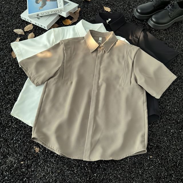 Mimiyox-Short-Sleeve Button-Up Plain Shirt