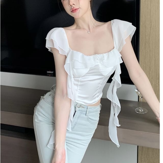 Whoosh-Cap-Sleeve Square Neck Plain Ruffle Trim Cropped Blouse