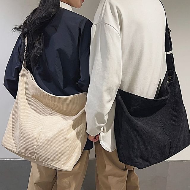 Hikuozy-Plain Corduroy Crossbody Bag