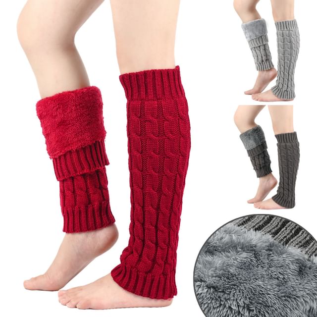 Kinoxslone-Plain Fleece-Lined Cable Knit Leg Warmers