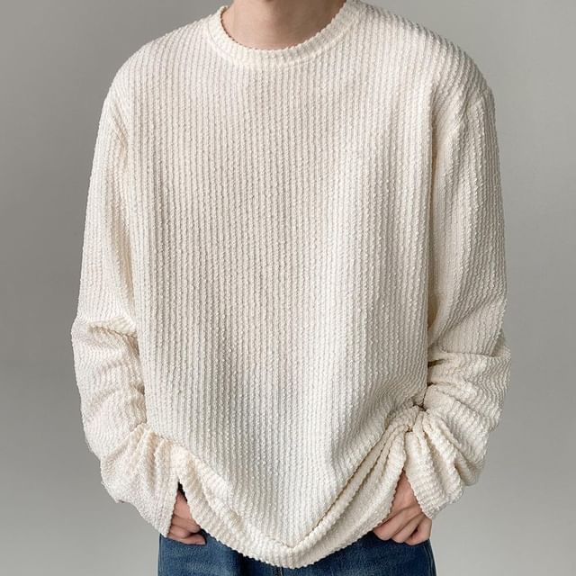 GRAYCIOUS-Long-Sleeve Crew Neck Plain Textured T-Shirt