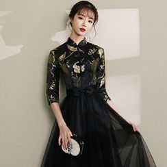 Wonhi - Mandarin Collar Print Panel A-Line Prom Dress (Various Designs)