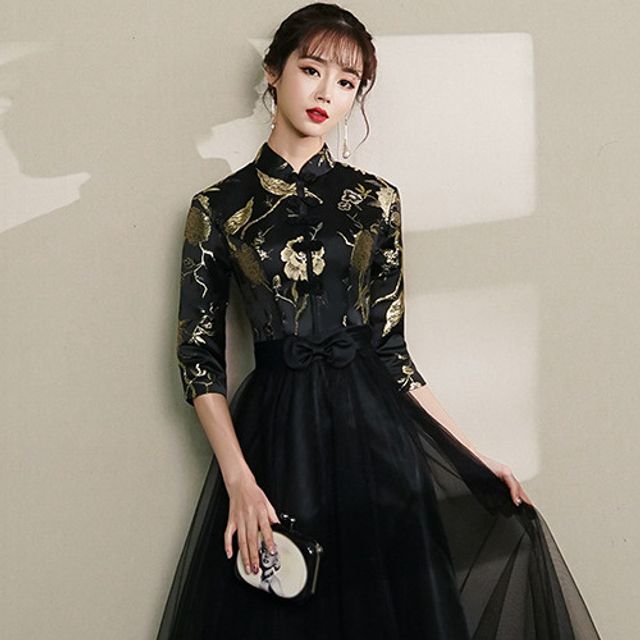 MSSBridal - Mandarin Collar Print Panel A-Line Prom Dress (Various Designs)  | YesStyle