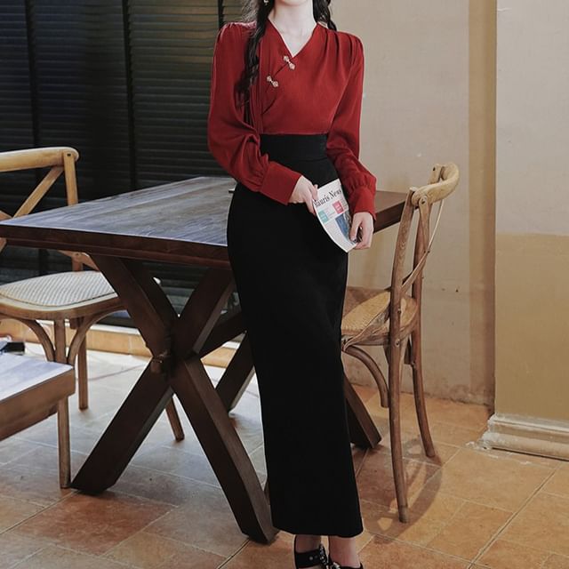 sansweet-Set Long-Sleeve V-Neck Plain Frog Button Blouse High Rise Midi Pencil Skirt