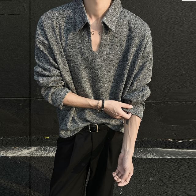 Koiyua-Collared V-Neck Melange Sweater
